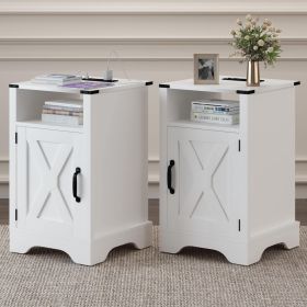 Farmhouse End Table with Charging Station Set of 2, Rustic Night Stand with Storage Cabinet and Shelf, Tall Wooden Bedside Table for Bedroom