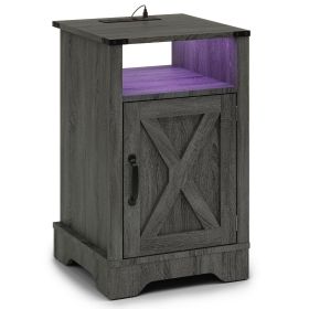 LED Nightstand with Charging Station, Bedside Table with Storage Cabinet and Shelf, Rustic End Table, Farmhouse Wooden Side Table, for Bedroom