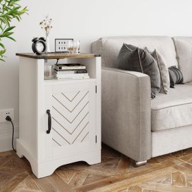 Farmhouse Nightstand with Charging Station Wooden End Table for Bedroom, Living Room, 16" D x 16" W x 25" H(Set of 1), White and Rustic Oak
