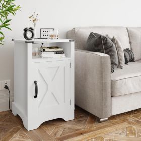 Farmhouse Nightstand with Charging Station Wooden Rustic End Table for Bedroom, Living Room, 16" D x 16" W x 25" H(Set of 1), White