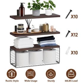 2 In 1 Floating Shelves Wall Mounted with Storage Basket Bathroom Shelves Over Toilet Wooden Shelves for Bedroom Living Room Kitchen Office Wall (Color: As Shown)