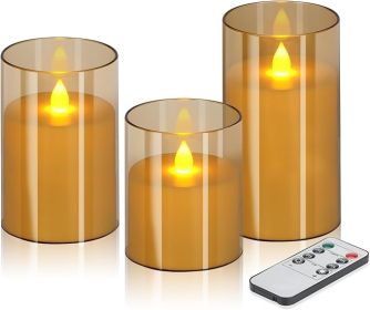 Flameless Candles 4" 5" 6" Set of 3 Acrylic Glass Pillars 3" Diameter Battery Operated Flickering Candles Include 10-Key Remote with Timer Functi (Color: GOLD)